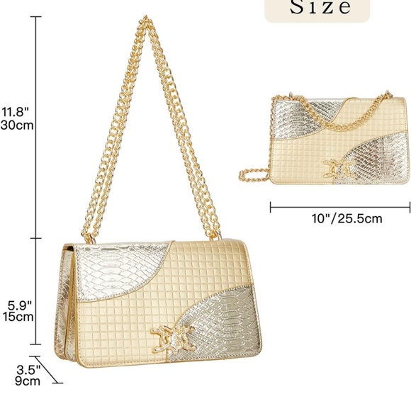 Gold Faux Leather Crossbody Bad W/Shoulder Chain Strap - Picture 4 of 7